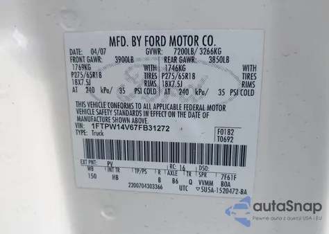 2007 Ford F-150 Fx4/Lariat/Xlt from USA, damaged, VIN 1FTPW14V67FB31272